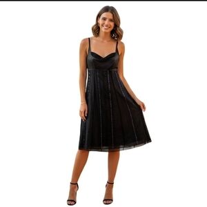 Garnet Hill 100% Silk Black Sequined Underlay Pintuck Slip Dress Size 4